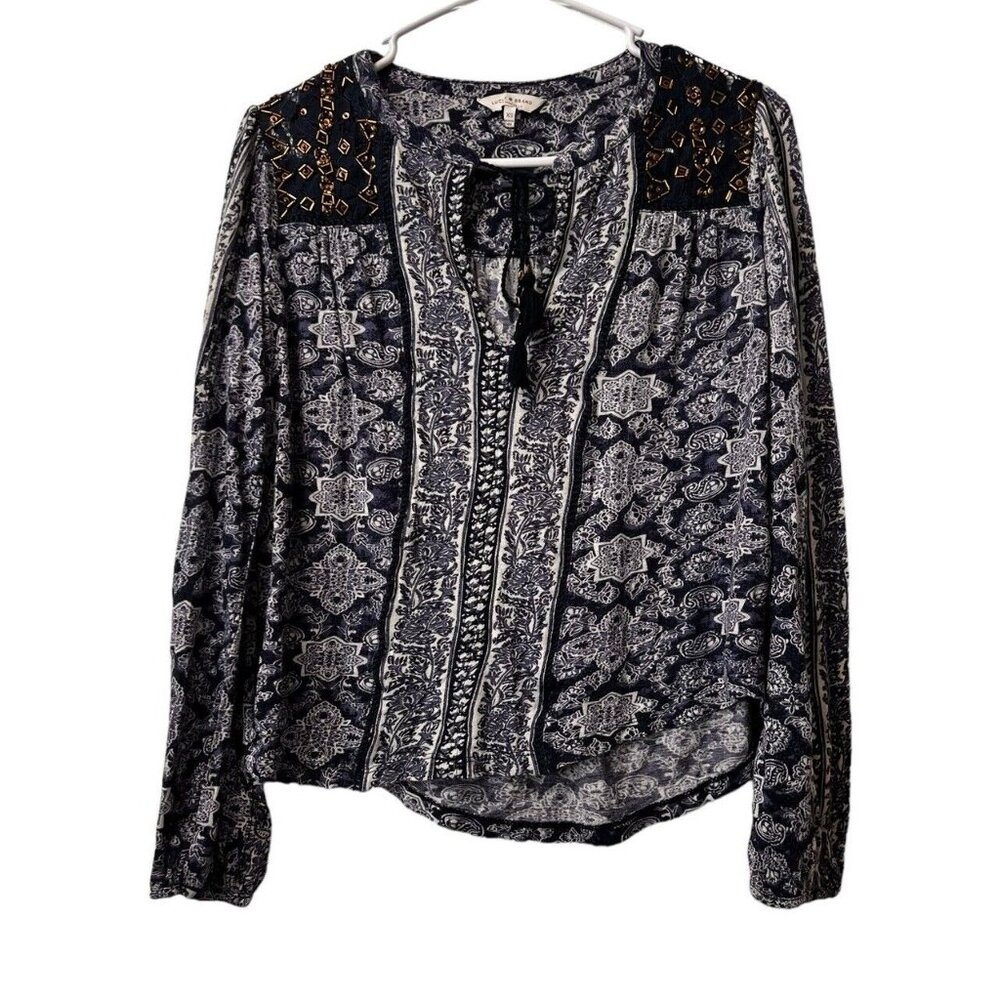 Lucky Brand Womens Top Size XS Blue Beaded Floral‎ Peasant Tassel Ties V-Neck